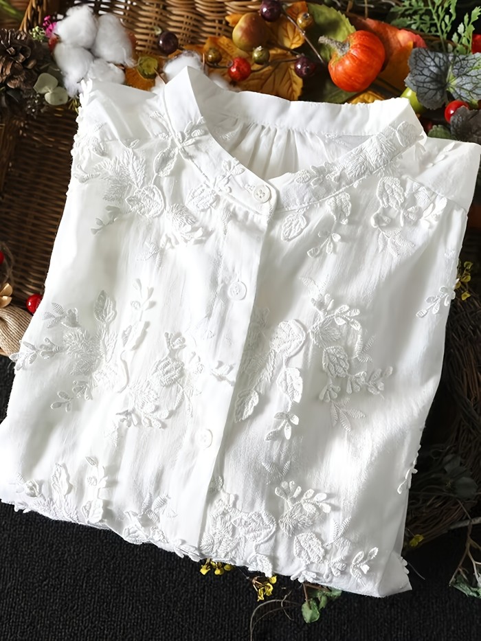 Women'S Chic Embroidered Floral Long Sleeve Shirt