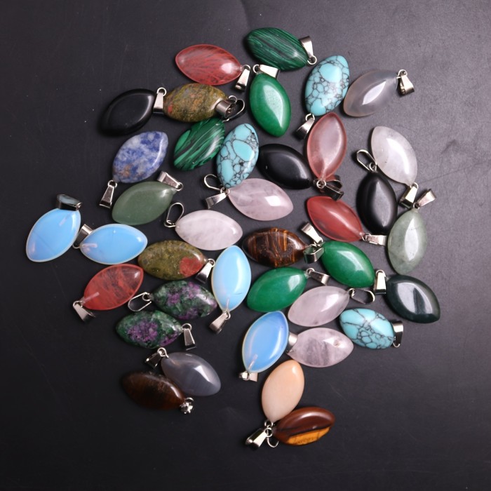 40pcs Natural Stone Pendants Assorted 40pcs Olive Shaped Natural Stone Pendants - Bulk Assorted Color Polished Stone Crystal, Unique Shaped Design, Handmade Crafted For DIY Jewelry Making Earrings, Necklaces, Gift Giving