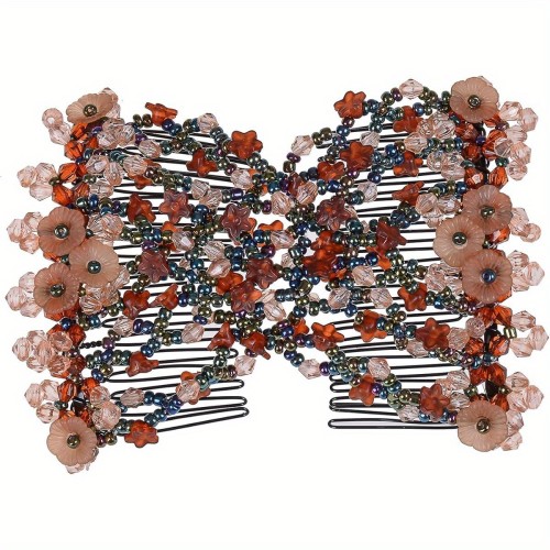 Vintage Beaded Flower Hair Comb with Double Clips - Stretchy Hair Accessories for Normal & Relaxed Hair, Coffee Color Beads, Floral Design for Weddings, Parties, Daily Use, Party Hair Decoration, Elegant Hairpiece, Textured Bead Design