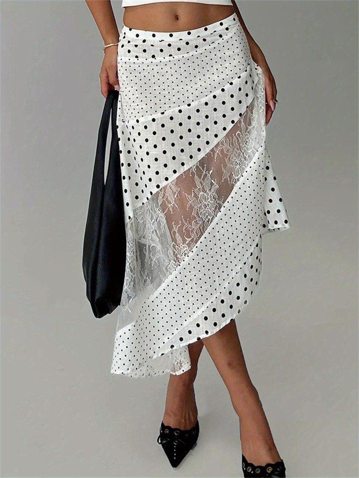 Women Y2K Summer Midi Skirt Floral\u002FDots Print Lace Patchwork Irregular Hem A-Line Skirt Vintage Flowy Long Skirt