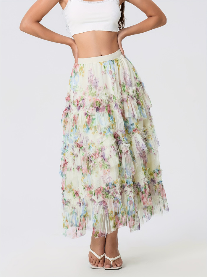 Fashion Women's Summer Floral Print Irregular Flowy Design A-Line Midi Skirt