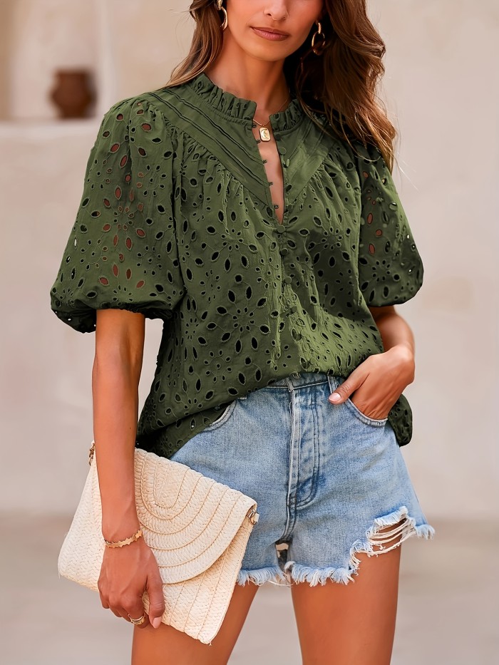 Women's Fashion Summer Button-Front Embroidered Lace Casual Elegant V-Neck Blouse
