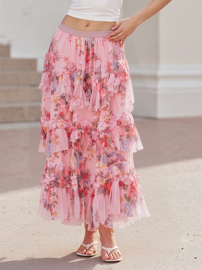 Fashion Women's Summer Floral Print Irregular Flowy Design A-Line Midi Skirt