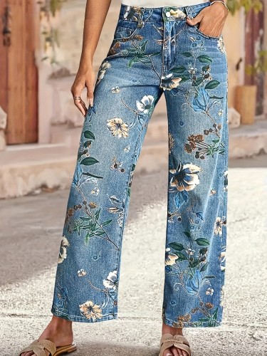 Women's Casual Bohemian Floral Embossed Loose Straight-Leg Mid-Rise Ankle-Length Denim Trousers