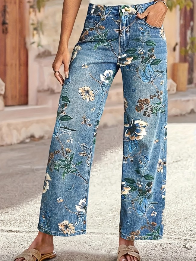 Women's Casual Bohemian Floral Embossed Loose Straight-Leg Mid-Rise Ankle-Length Denim Trousers