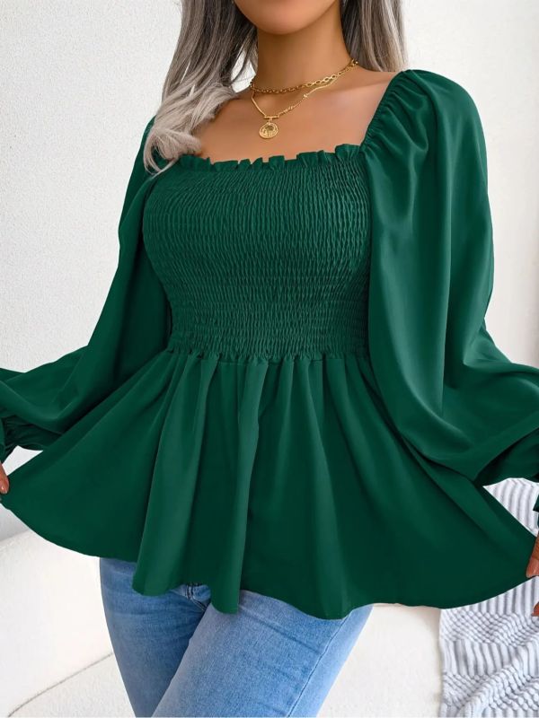 Women'S Casual Chic Square Neck Solid Color Long Sleeve Top Blouse
