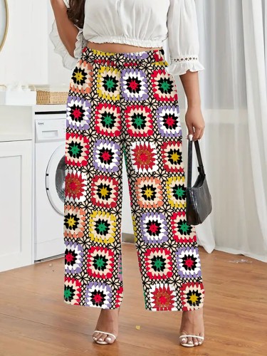 Plus Size Allover Print Casual Loose Wide Leg Pants