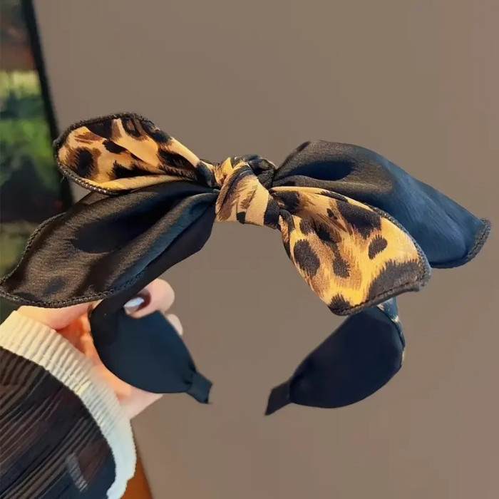 Women's Wide Non-Slip Leopard Print Bow Headband - Black & Yellow Animal Print Hair Accessory for Daily Wear, Parties, Casual & Formal Events, Decorative Hair Headband