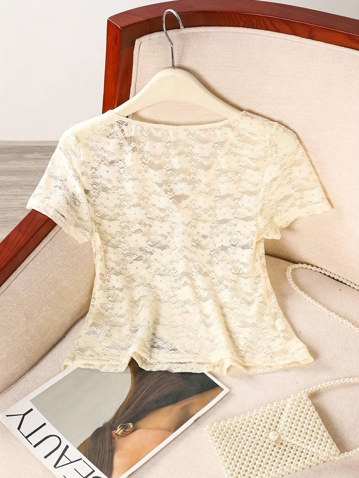 Women Casual Solid Color Sheer Lace Blouse