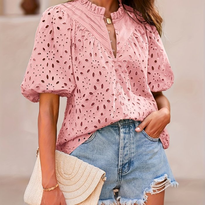 Women's Fashion Summer Button-Front Embroidered Lace Casual Elegant V-Neck Blouse