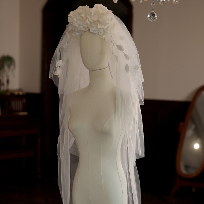 Western Style Bride Hand Made Satin Flower Piece Flower Leaf Veil Wedding Rigid Veil Style Wedding Dress All-Match Headwear