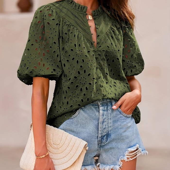 Women's Fashion Summer Button-Front Embroidered Lace Casual Elegant V-Neck Blouse