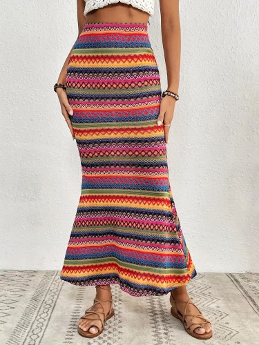 Ankle Length Stripe Print Elegant High Waist Knit Mermaid Skirt