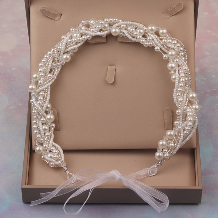 Handmade Forest Style Pearl Headband with Elegant Bow and Delicate Bead Embellishments- Bridal Wedding Hair Accessory, Suitable for Formal Occasions and Everyday Elegance