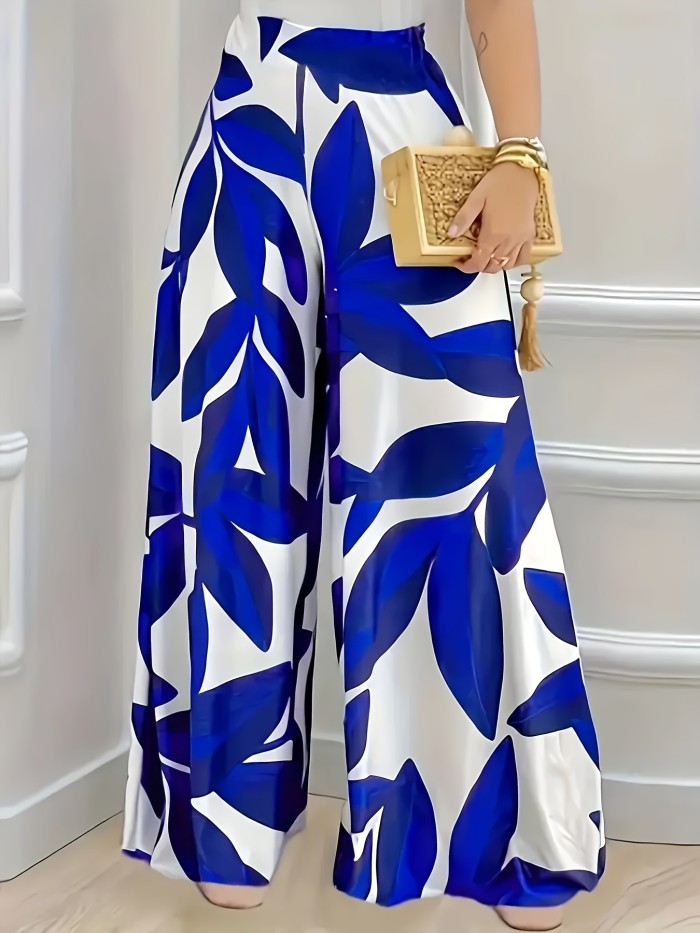 Women's High-Waist Tropical Leaf Print Wide Leg Pants