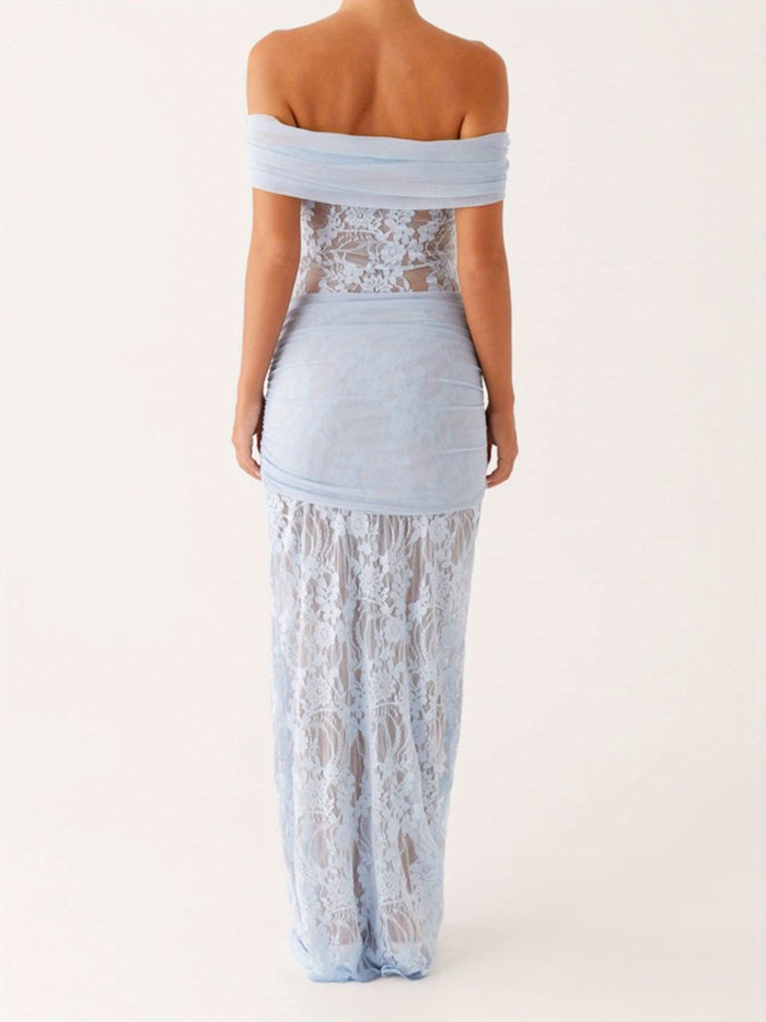 Women's Elegant Off-Shoulder Strapless Knotted Slim Fit A-Line Lace Chic Long Wedding Evening Dress