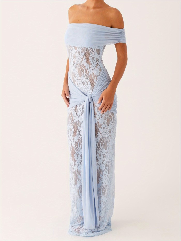 Women's Elegant Off-Shoulder Strapless Knotted Slim Fit A-Line Lace Chic Long Wedding Evening Dress