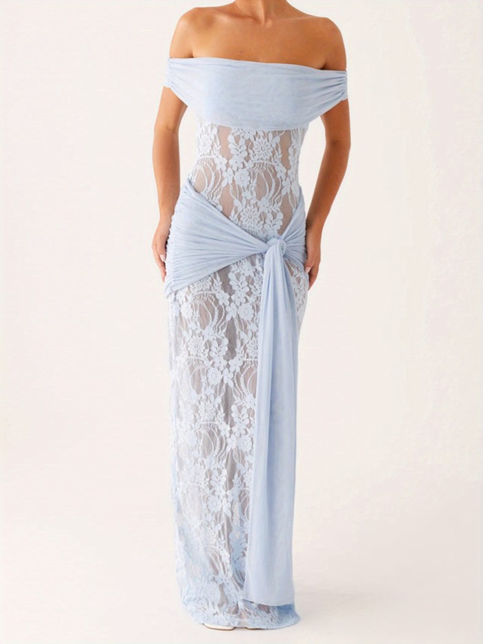 Women's Elegant Off-Shoulder Strapless Knotted Slim Fit A-Line Lace Chic Long Wedding Evening Dress
