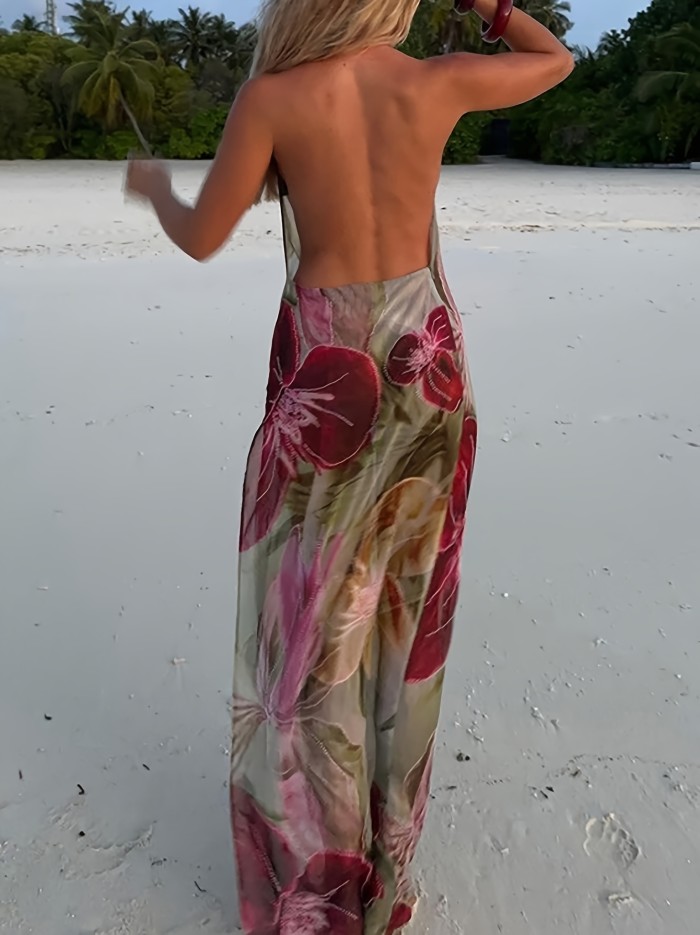 Sexy Floral Print Halter Neck Backless Bodycon Dress