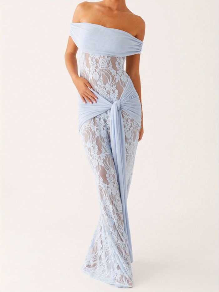Women's Elegant Off-Shoulder Strapless Knotted Slim Fit A-Line Lace Chic Long Wedding Evening Dress