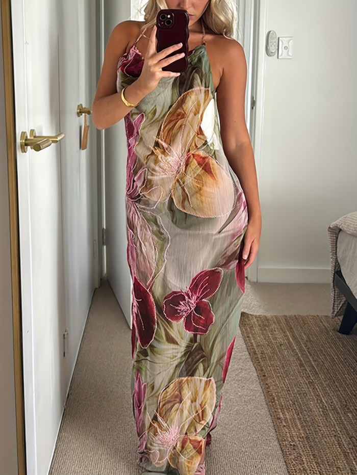 Sexy Floral Print Halter Neck Backless Bodycon Dress