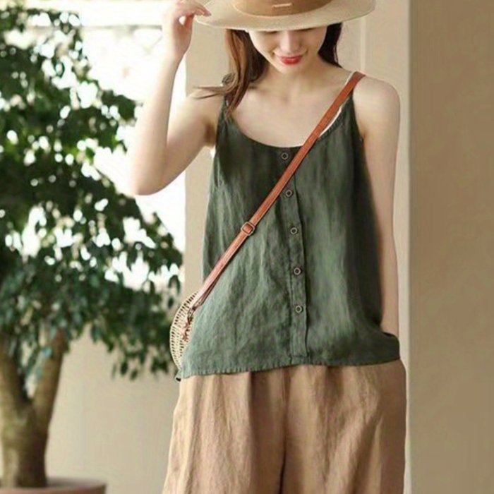 Women's Casual Solid Color Round Neck Sleeveless Spaghetti Strap Camisole Tank Top