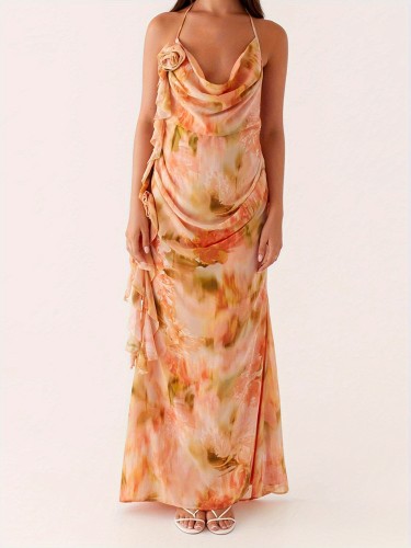 Women Flower Halter Neck Dress Slim Ruffle Trim Sleeveless Open Back Long Bodycon Dress for Party Club