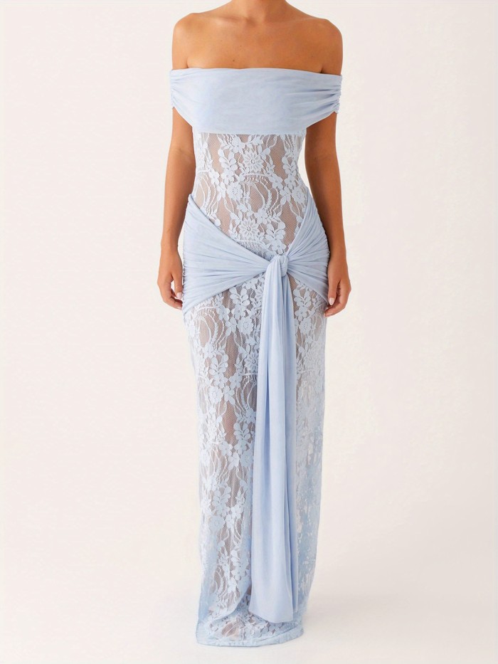 Women's Elegant Off-Shoulder Strapless Knotted Slim Fit A-Line Lace Chic Long Wedding Evening Dress