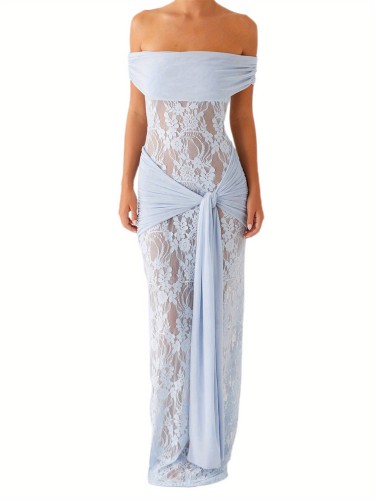 Women's Elegant Off-Shoulder Strapless Knotted Slim Fit A-Line Lace Chic Long Wedding Evening Dress
