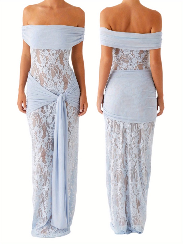 Women's Elegant Off-Shoulder Strapless Knotted Slim Fit A-Line Lace Chic Long Wedding Evening Dress