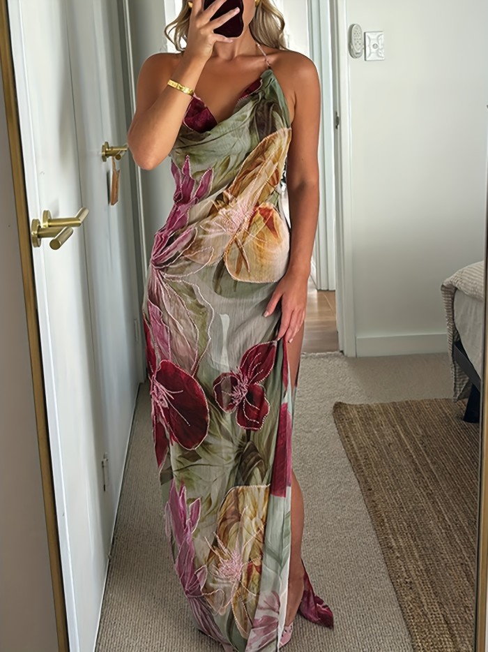 Sexy Floral Print Halter Neck Backless Bodycon Dress