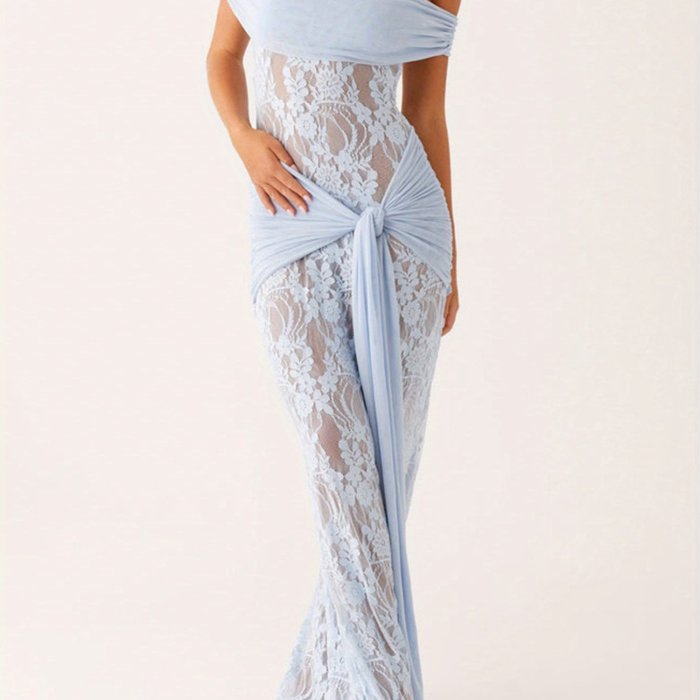 Women's Elegant Off-Shoulder Strapless Knotted Slim Fit A-Line Lace Chic Long Wedding Evening Dress