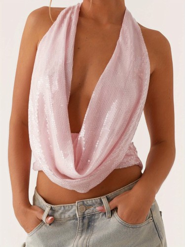 Women's Summer Sequin Halter Tank Tops Sparkly Glitter Sleeveless Tie Up Backless Cowl Neck Deep V-Nevk Sexy Vest for Party Beach Vacation
