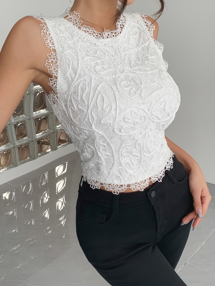 Women's Casual Sleeveless Lace Round Neck  Camisole Top
