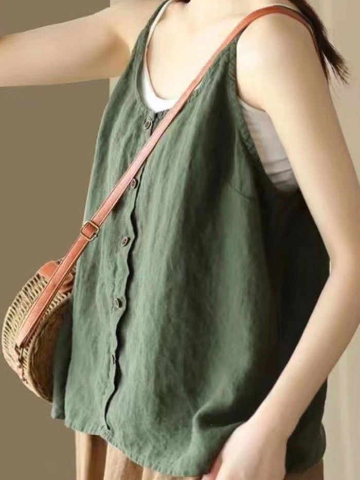 Women's Casual Solid Color Round Neck Sleeveless Spaghetti Strap Camisole Tank Top