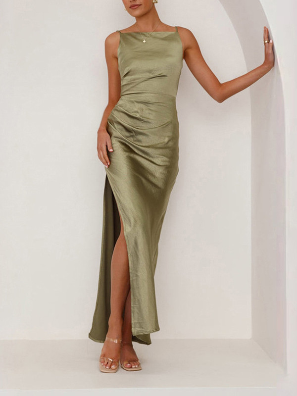 Split-side Split-Joint Solid Color Pleated Sleeveless Spaghetti-Neck Midi Dresses