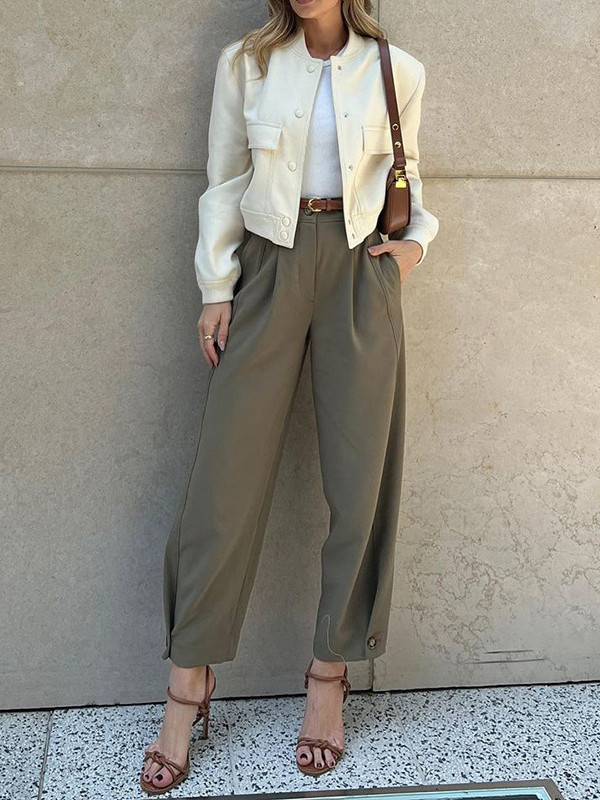 Pockets Pleated Buttoned Belted Ninth Pants Loose Suit Pants