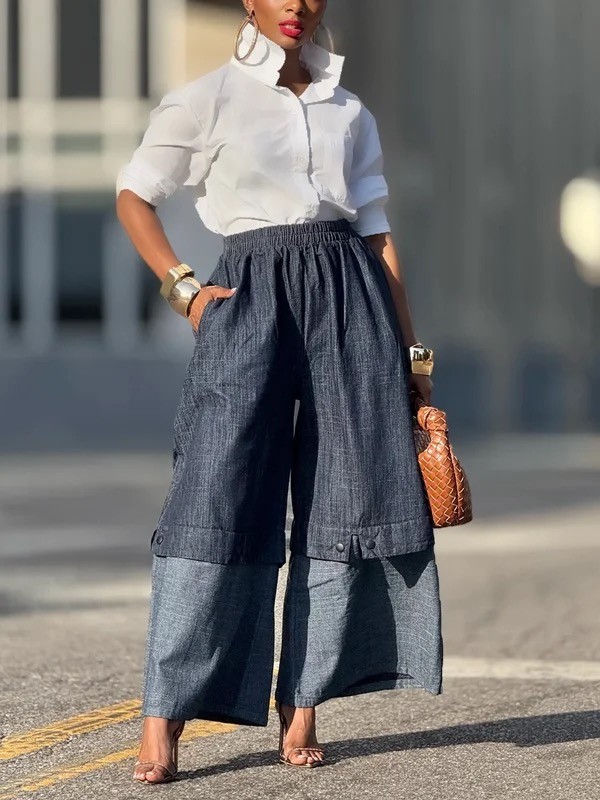 Elasticity Wide Leg Loose Trousers Jean Pants Bottoms