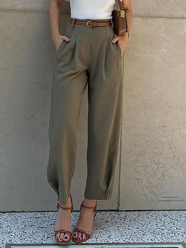 Pockets Pleated Buttoned Belted Ninth Pants Loose Suit Pants