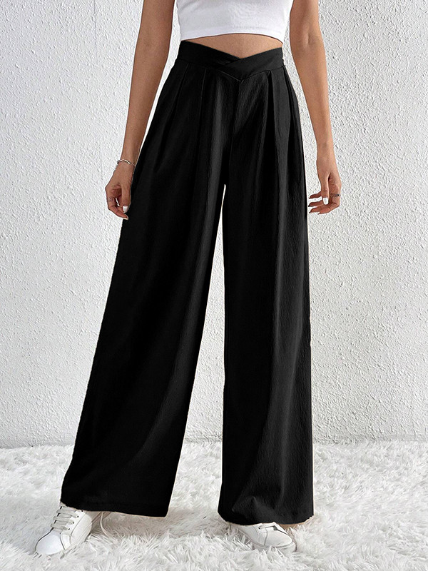 Solid Color Pleated Wide Leg Loose Trousers Pants