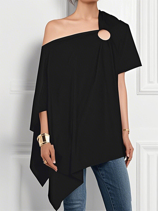 Solid Color Hollow Asymmetric Short Sleeves Loose One-Shoulder Blouses&Shirts Tops