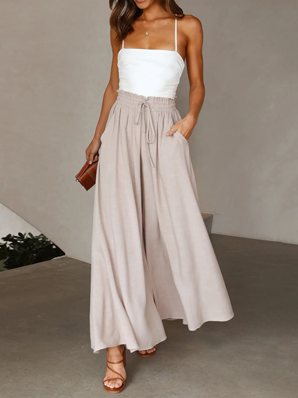 Solid Color Pockets Pleated Elasticity Drawstring Wide Leg Loose Trousers Pants