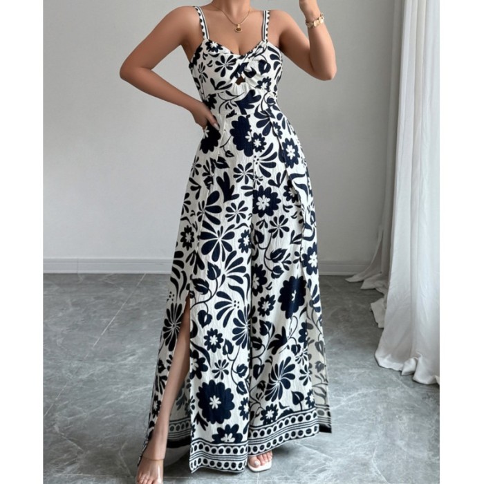Sleeveless V Neck Print  Sexy High Waist Slight Strech Loose  Jumpsuits