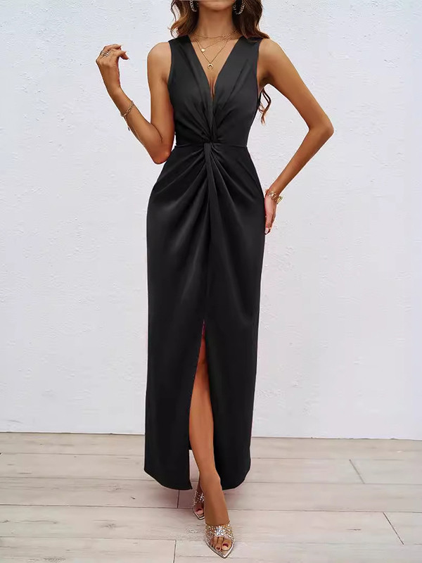 Split-Joint Split-front Pleated Sleeveless Loose V-neck Maxi Dresses