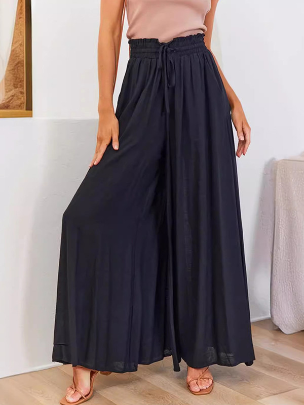 Solid Color Pockets Pleated Elasticity Drawstring Wide Leg Loose Trousers Pants