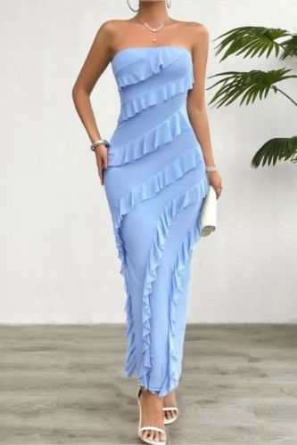 Fashion Slim Casual Bodycon Evening Ruffle Solid Color Slim Off Shoulder Dress