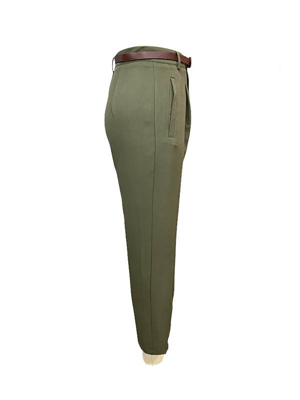 Pockets Pleated Buttoned Belted Ninth Pants Loose Suit Pants