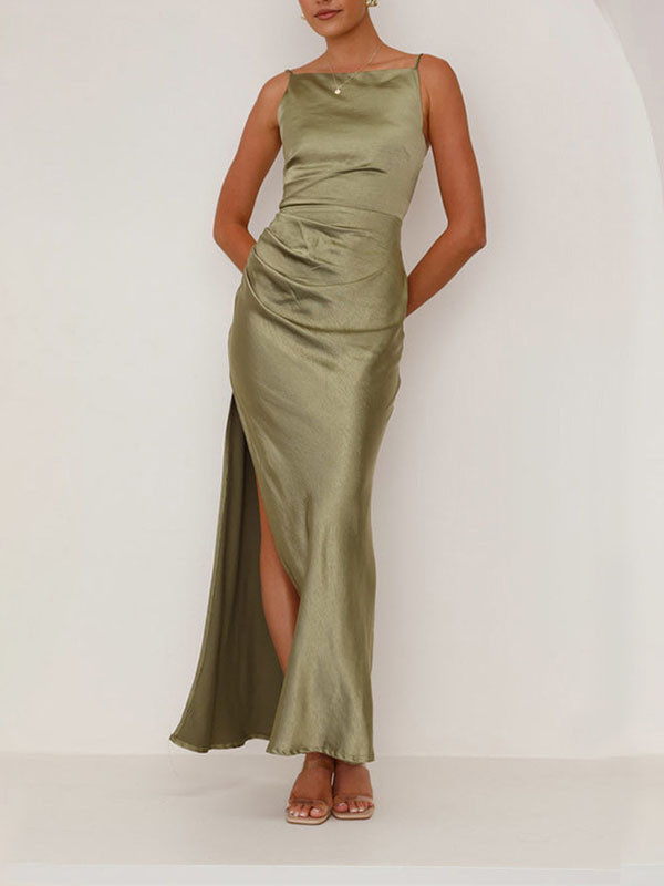 Split-side Split-Joint Solid Color Pleated Sleeveless Spaghetti-Neck Midi Dresses