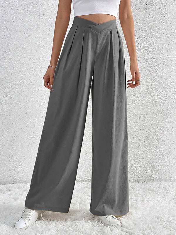 Solid Color Pleated Wide Leg Loose Trousers Pants