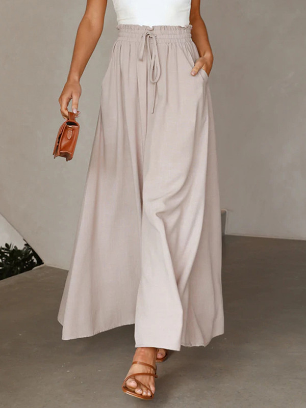 Solid Color Pockets Pleated Elasticity Drawstring Wide Leg Loose Trousers Pants